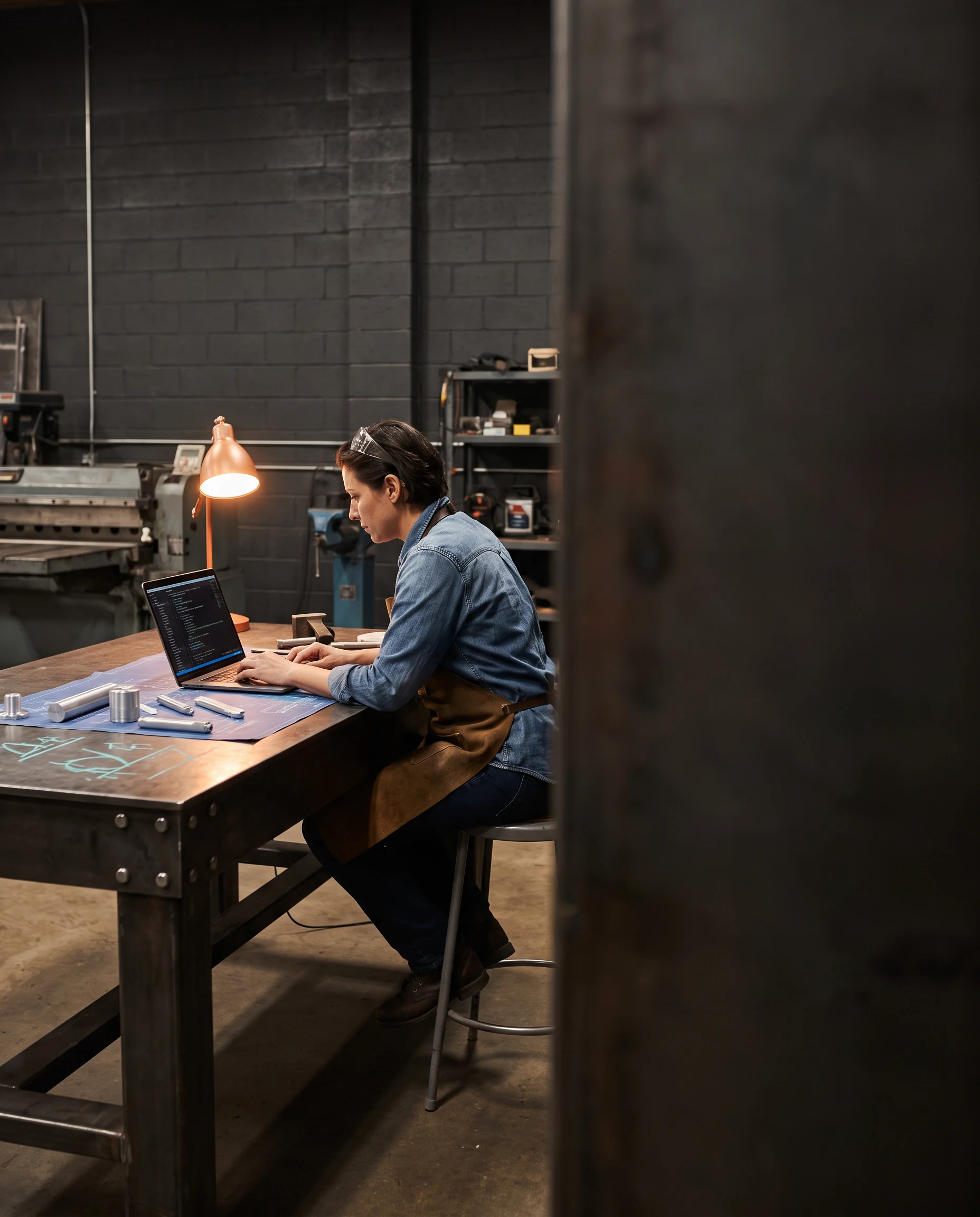 A maker working on code and plans at a steel table