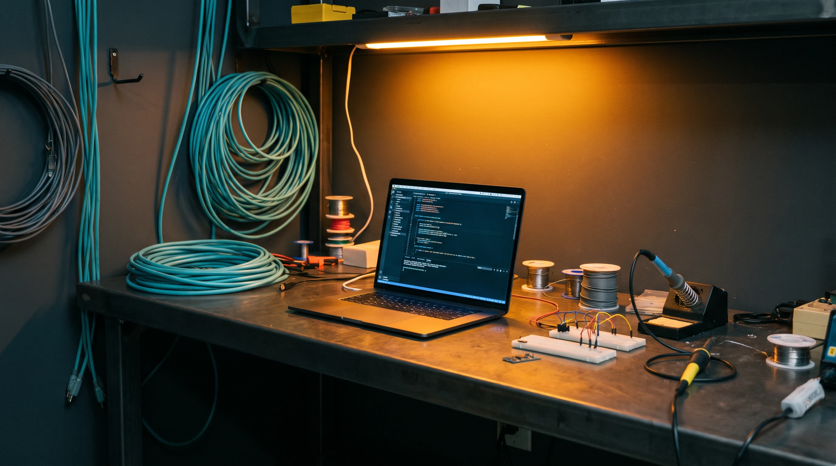 Systems assembly workbench with code on a laptop