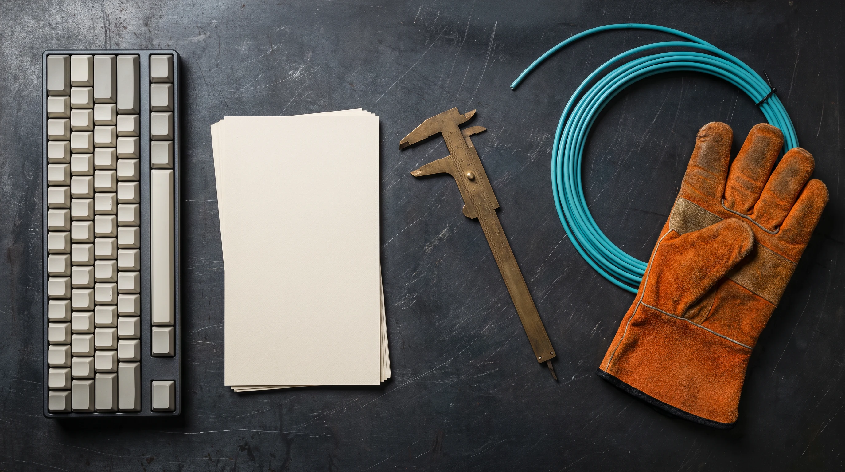 Keyboard, caliper, blank cards, cyan cable, and workshop gloves prepared as data-fabrication materials