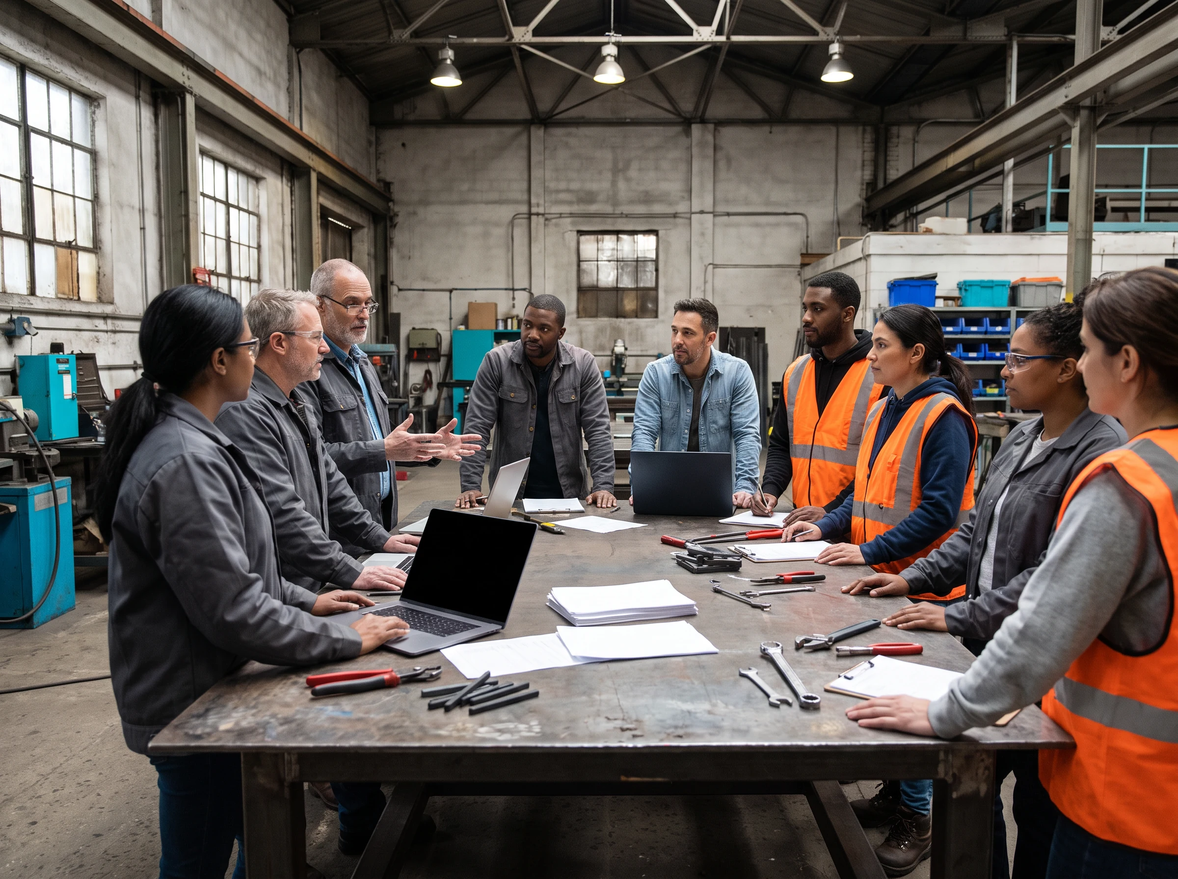 A team gathered around a workshop table with laptops and tools