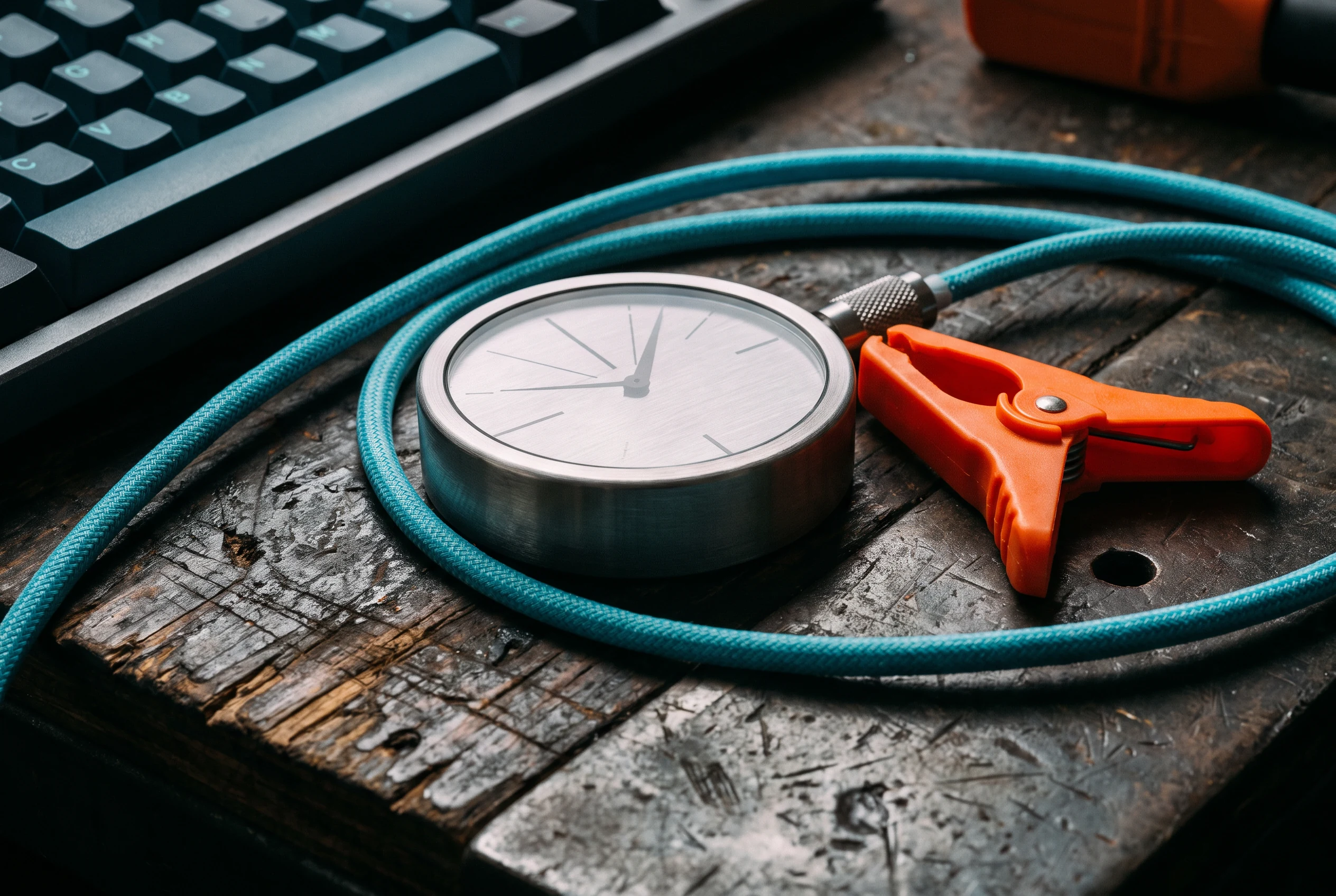 A physical gauge, keyboard, cable, and orange clamp on a workbench