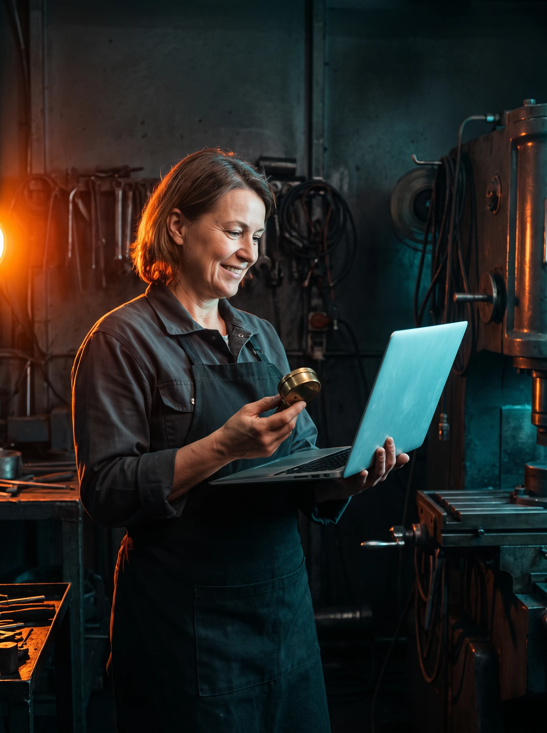 A maker inspecting a machined component with a laptop
