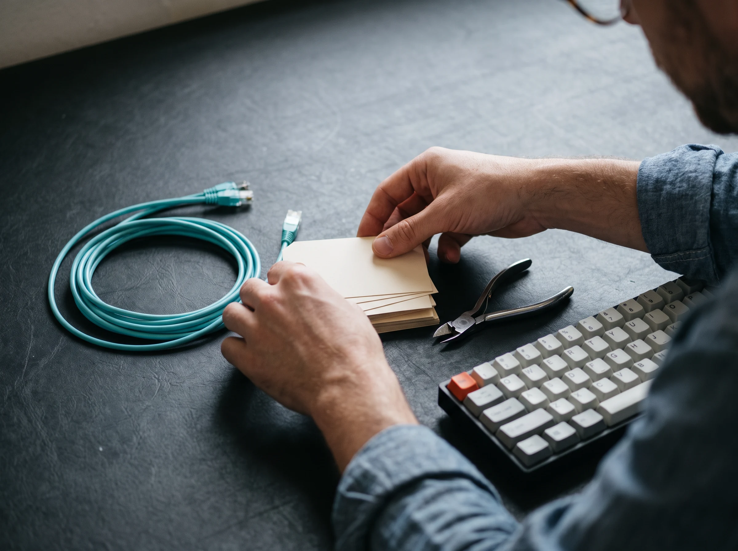 Hands sorting work cards beside a keyboard and network cable