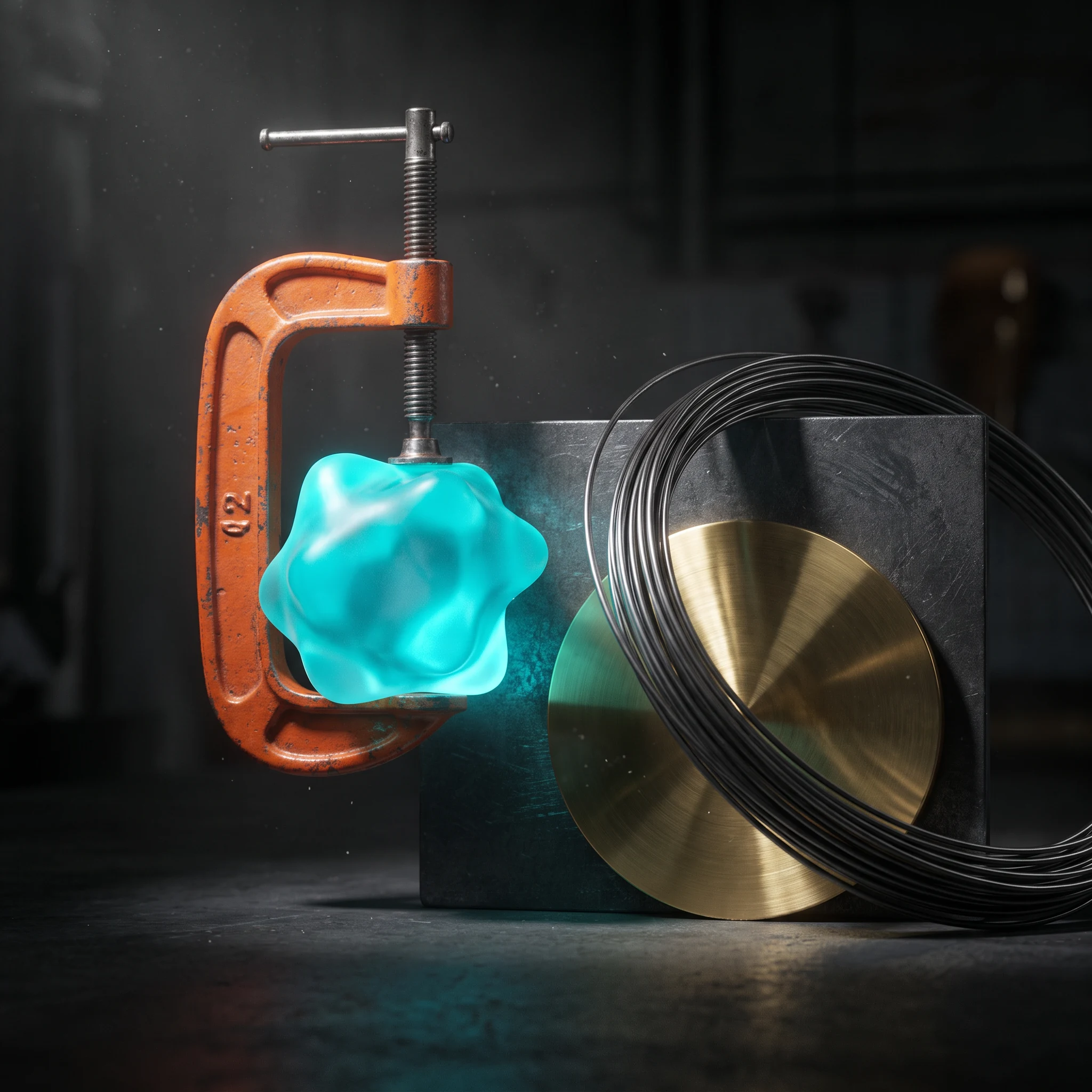 Brass disc and cyan material held by an orange workshop clamp